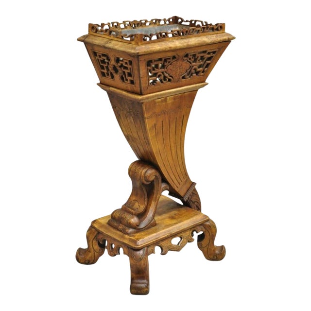 Vintage Carved Teak Wood Fretwork Figural Cornucopia Chinese Plant Stand Planter For Sale