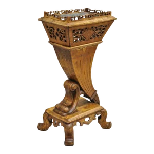 Vintage Carved Teak Wood Fretwork Figural Cornucopia Chinese Plant Stand Planter