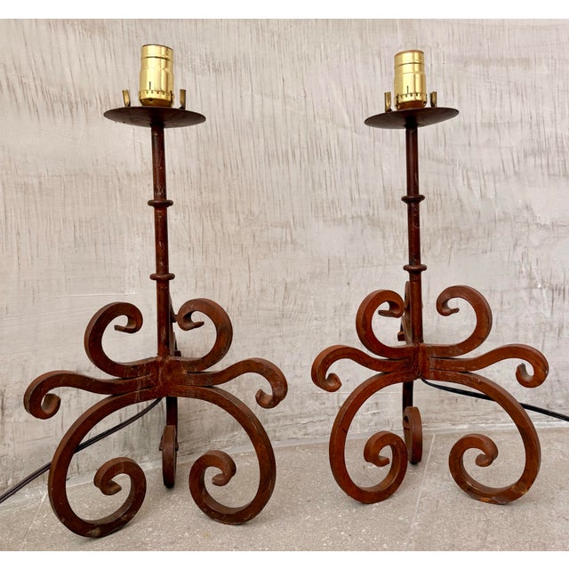 Vintage Rustic Wrought Iron Spanish Revival Style Candle Holders Converted to Table Lamps, Circa 1980s- A Pair For Sale - Image 12 of 12