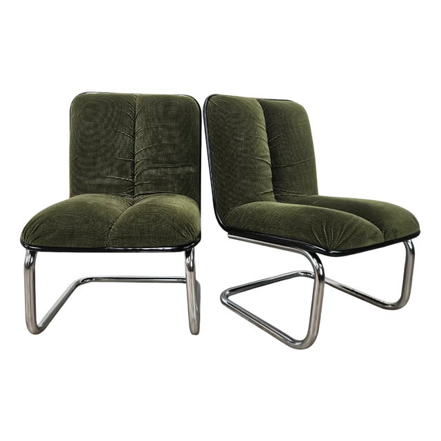 Vintage Chairs in Chromed Metal and Green Fabric by Cazzaro, Design d'autore, 1970, Set of 2 For Sale