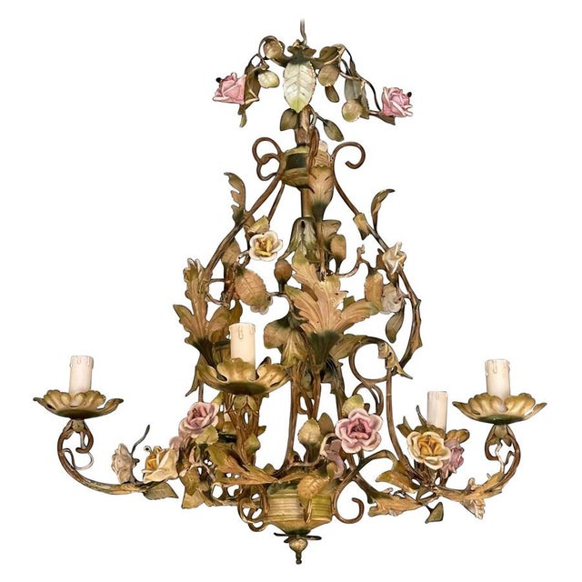 Porcelain Floral Roses Flower Chandelier, 1940s For Sale - Image 14 of 14