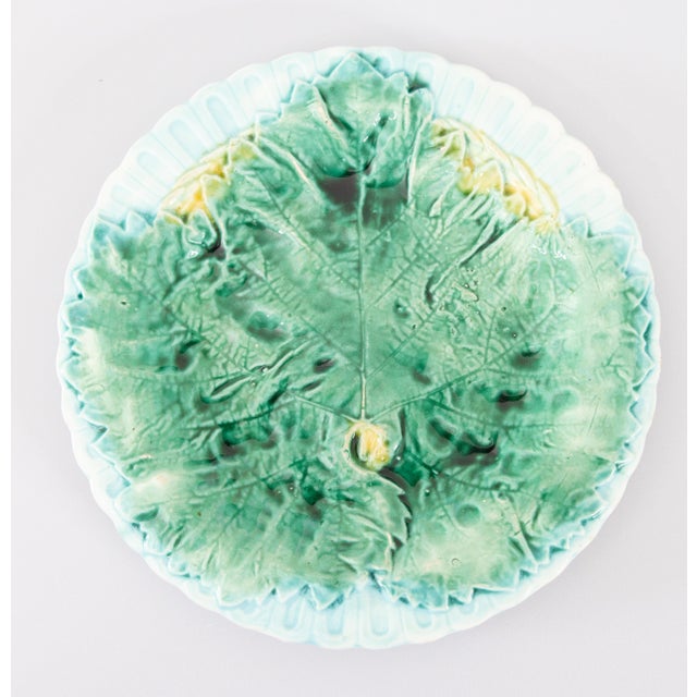 Ceramic 19th Century English Majolica Turquoise & Green Begonia Leaf Plate For Sale - Image 7 of 7