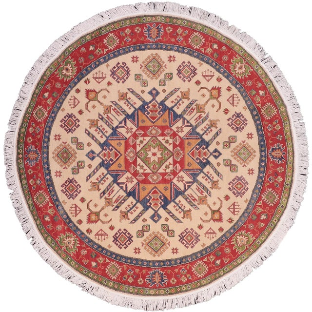 Rustic Kazak Ivory/Red Wool Round Rug- 6'5''x6'6'' For Sale - Image 9 of 10