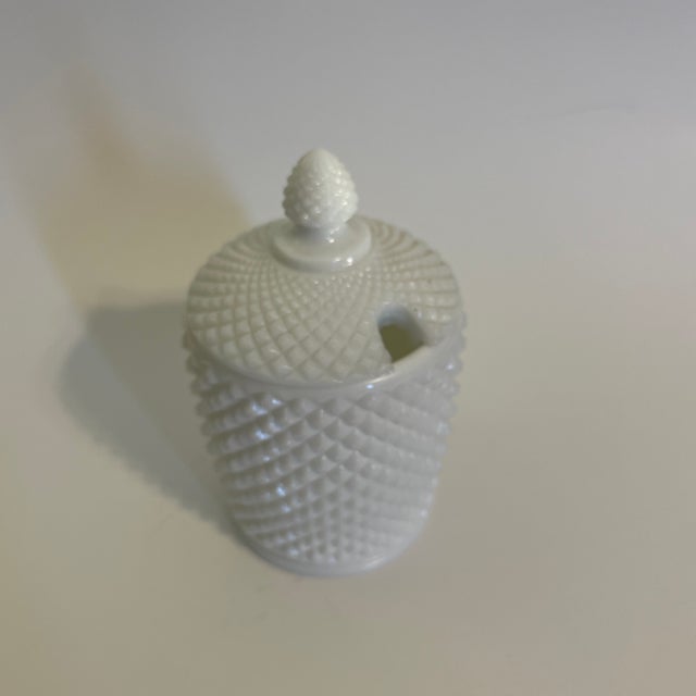 Glass 1920s Westmoreland English Hobnail Milk Glass Jam or Honey Jar With Lid and Porcelain Spoon For Sale - Image 7 of 10