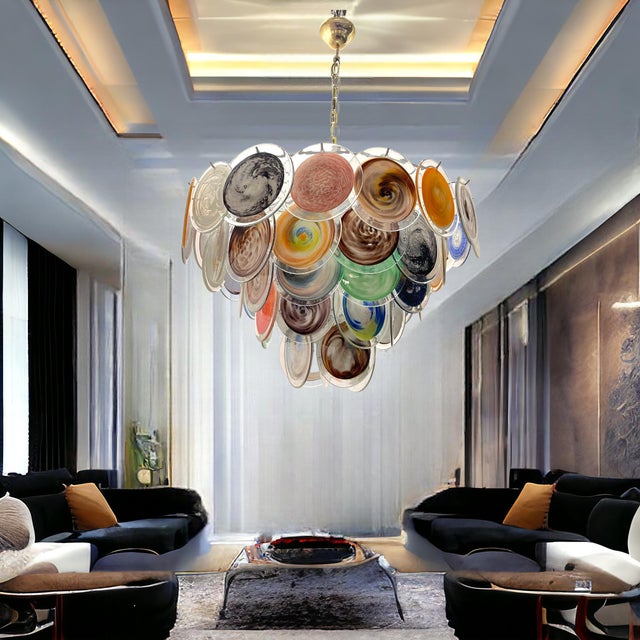 Large Space Age Murano Disc Glass Chandelier, 1970s For Sale - Image 6 of 14