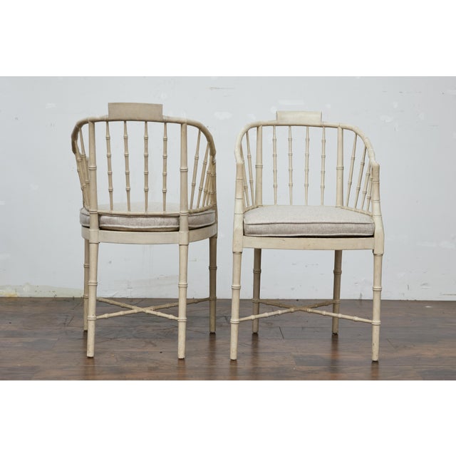 Late 20th Century Baker Furniture Faux Bamboo Accent Chairs with Upholstered Linen Cushions, Pair For Sale - Image 9 of 12