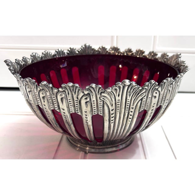 Godinger Godinger Silver Plated Centerpiece Bowl Ruby Red Glass Insert Vintage Footed Centerpiece Dish 10.5 Inch Decor For Sale - Image 4 of 12