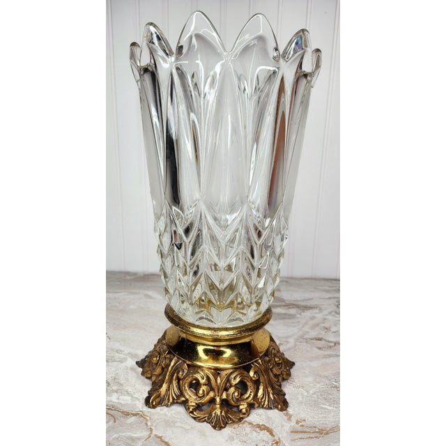Vintage 1930s French Cut Crystal Vase with Ornate Brass Base This exquisite art deco piece exemplifies the craftsmanship...