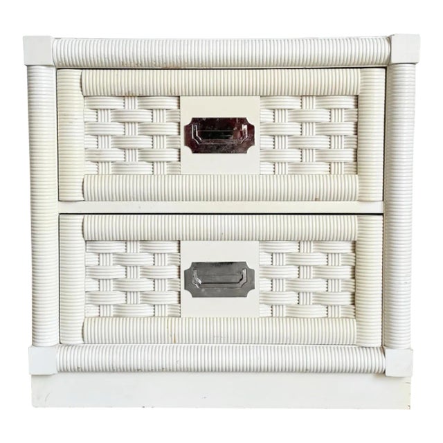 Boho Chic White “Wicker Weve” Nightstand by Dixie For Sale