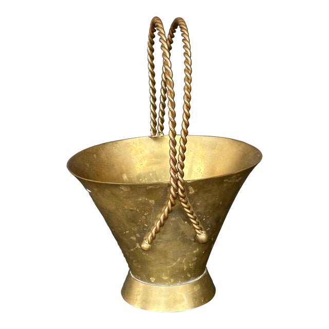 Vintage Brass Basket Cache Pot Planter With Handle For Sale