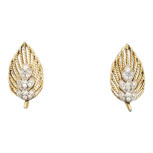 Vintage Signed Crown Trifari Goldtone Wheat Sheaf Clear Rhinestone Clip Earrings- 2 Pieces