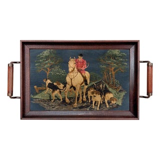 Fox Hunt Tapestry Wood and Glass Tray, Antique Style For Sale