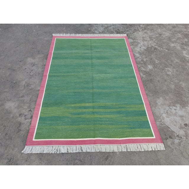 Handmade Cotton Area Rug Vegetable Dyed Green With Raspberry Pink Bordered Dhurrie - 5'x7' For Sale - Image 9 of 11