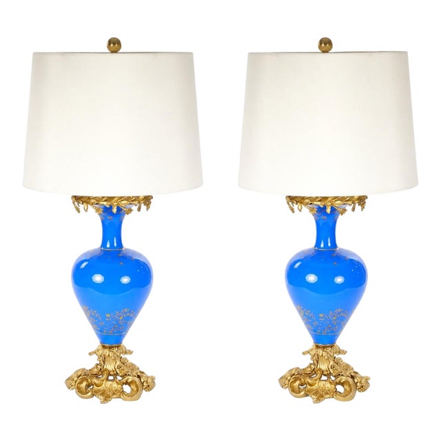 Antique French Painted Glass Table Lamps Gilt Bronze Mounts - Pair For Sale