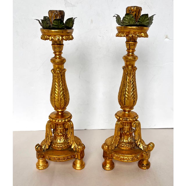 Antique Early 1900s Gilded Wood Ornate Candle Holders - A Pair For Sale - Image 10 of 15