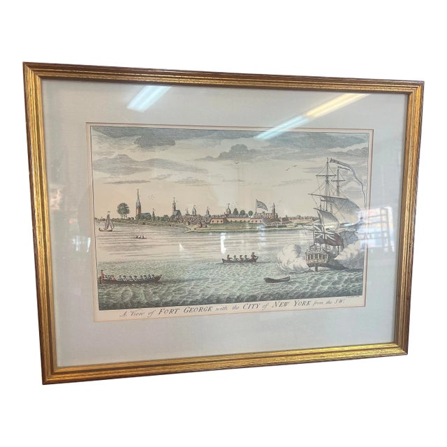 Historical Americana 18th Century a View of Fort George With the City of New York From the Southwest Hudson River Copper Plate Engraving, Framed For Sale
