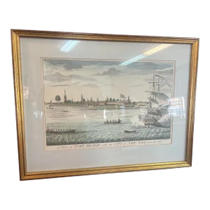 Important Mid 18th Century a View of Fort George With the City of New York From the Southwest Hudson River Copper Plate Engraving, Framed