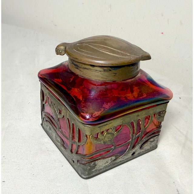 Antique Carl Stolzle Austrian Art Nouveau Red Glass Bronze Writing Inkwell Jar For Sale - Image 15 of 18