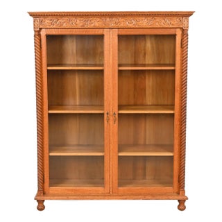 Antique Victorian Carved Oak Glass Front Double Bookcase, Circa 1900 For Sale