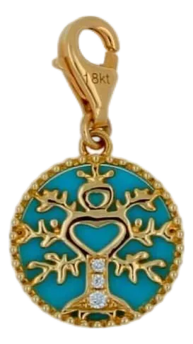 Diamond Tree of Life Nature Floral Flower 18k Yellow Gold Medallion Charm Turquo