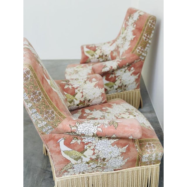 Upholstered Slipper Lounge Chairs Depicting Pheasants and Peon, Set of 2 For Sale - Image 9 of 13