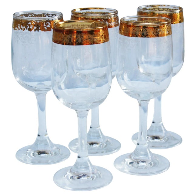 Hollywood Regency Midcentury Gold Pattern Wine Stems- Set of 5 For Sale - Image 3 of 3