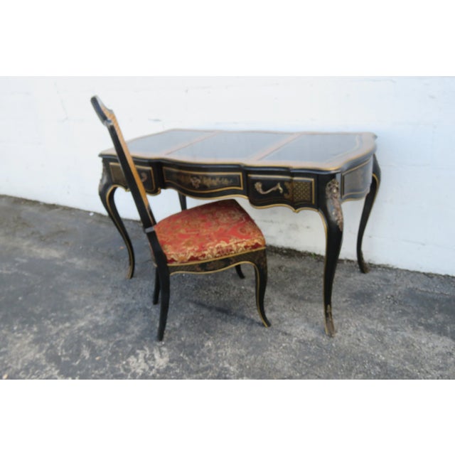 Wood Drexel French Painted Leather Top Carved Desk and Caned Chair 6130 For Sale - Image 7 of 18