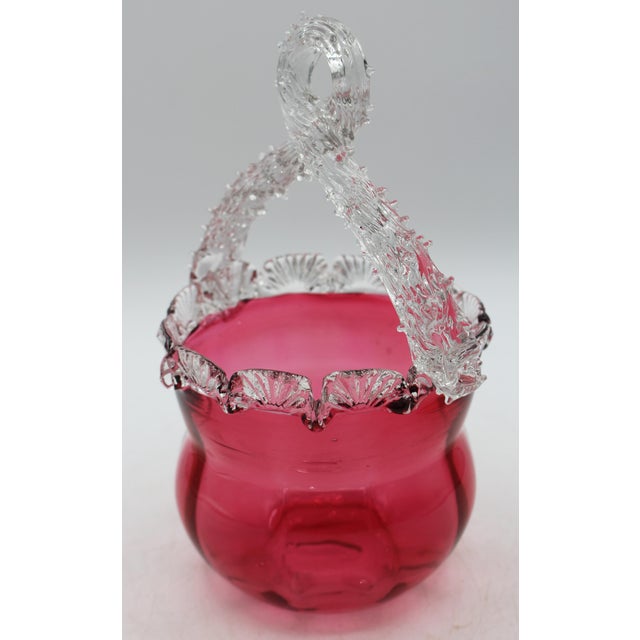 Circa 1880 English Cranberry Glass Bride's Basket With Clear Handle For Sale In Raleigh - Image 6 of 8