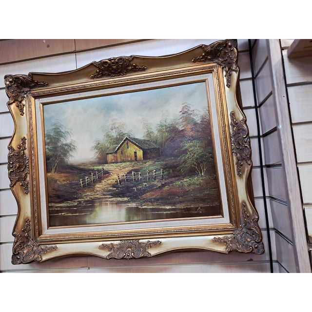Vintage Woodland Lake Oil Painting on Canvas, Gold Frame, Signed, 1980s, Large For Sale - Image 7 of 18