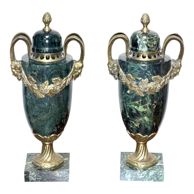 Pair of Green Marble and Ormolu Urns or Cassolettes With Satyr Heads in Louis XVI Style For Sale