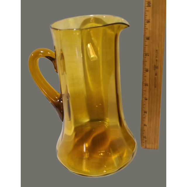 Vintage Italian Hand Blown Amber Art Glass Attached Handle Pitcher For Sale - Image 4 of 7