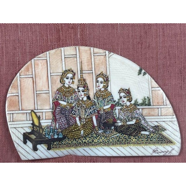 Chinoiserie Vintage Thai Royal Court Miniature Painting on Shell, Signed Roong — Gilt Framed For Sale - Image 3 of 16