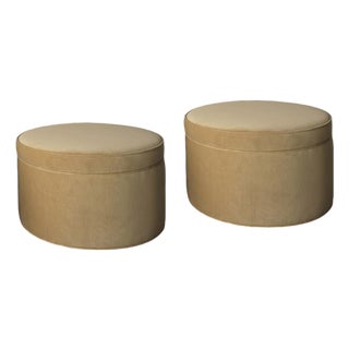 Large Scale Pair of Round Vintage Floor Ottomans For Sale