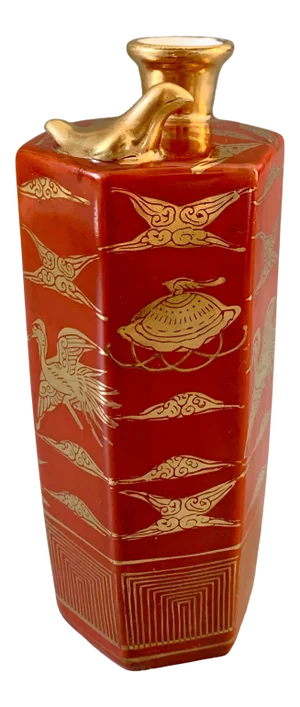Vintage 1950s Crimson & Gold Gilt Cranes Japanese Sake Bottle