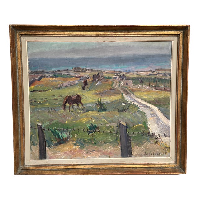 Georg Lodström, Coastal Scene with Horses, 1947, Oil on Canvas For Sale