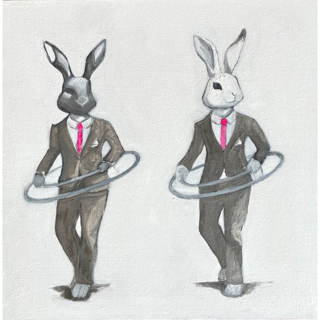 Whimsical Original Oil Painting of Two Hula-Hooping Bunnies by Max and Alma For Sale - Image 4 of 5