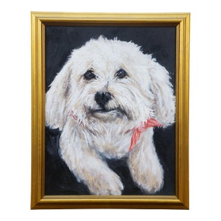 Vintage Maltese White Dog Portrait Oil Painting on Canvas For Sale