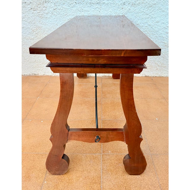 Wood Spanish Baroque Style Carved Wooden Console Table with Wrought Iron Stretcher, 1930 For Sale - Image 7 of 10