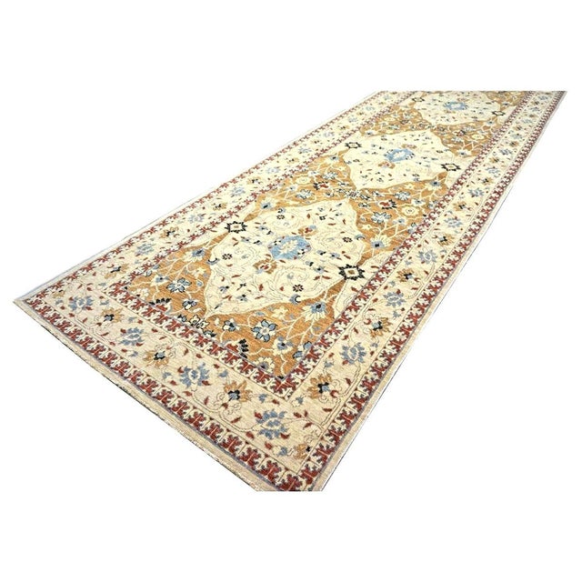 Islamic 21st Century Afghan Sultanabad Wool 5x18 Tan, Blue & Ivory Handmade Gallery Rug #1143691 For Sale - Image 3 of 8