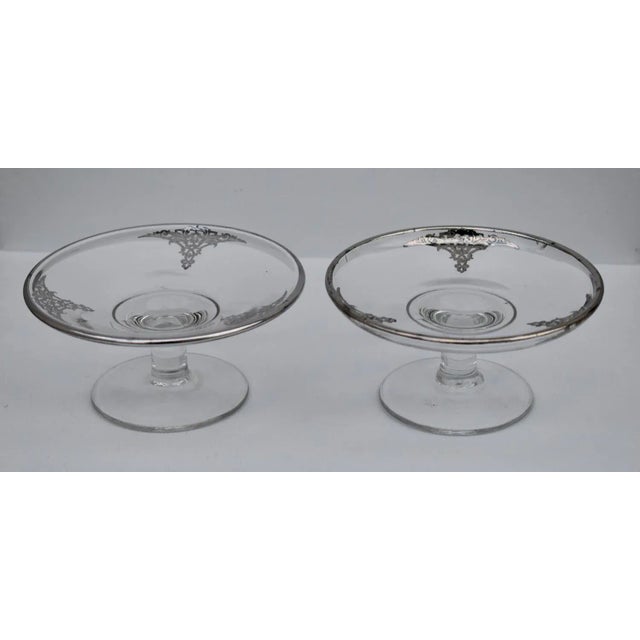 Vintage (1960's) Pair of Pedestal Bowls have a Art Deco Style. Made of Glass with Silver Overlay. The Measurements: 6"...