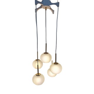Vintage Five-Light Cascade Lamp with White Plastic Frame and Frosted Glass Shades, 1970s For Sale