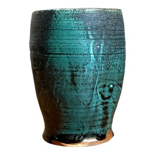 Vintage Blue Green Glazed Pottery Vase For Sale