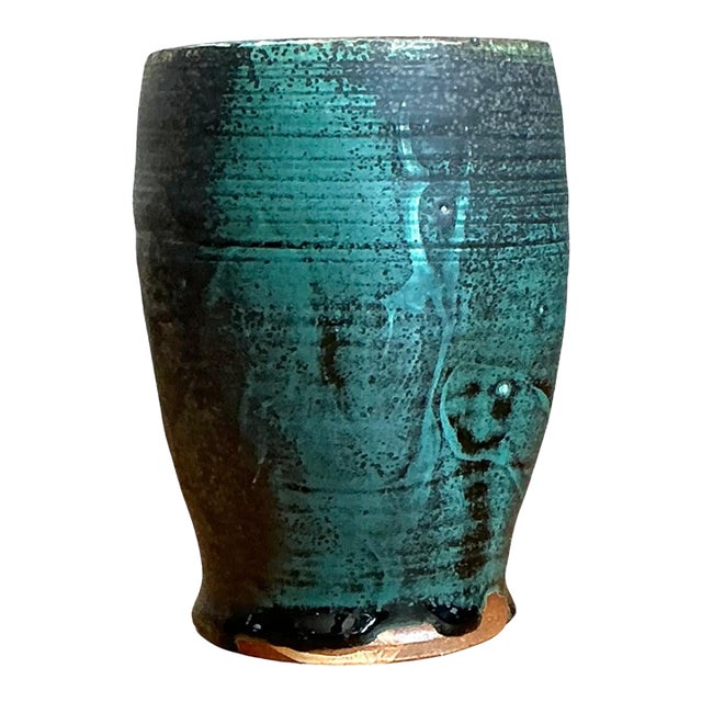 Vintage Blue Green Glazed Pottery Vase For Sale