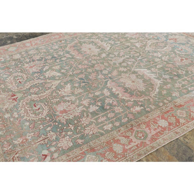Traditional Antique Persian Karja Rug in Sage Green With Coral Medallions - Rug & Kilim For Sale - Image 3 of 6