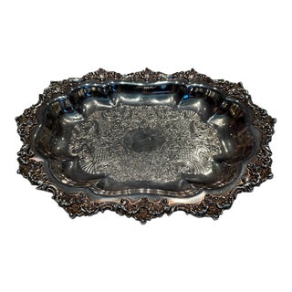 Vintage Crown Silver Co. Ornate Repoussé Silver Plate Rectangular Serving Platter For Sale