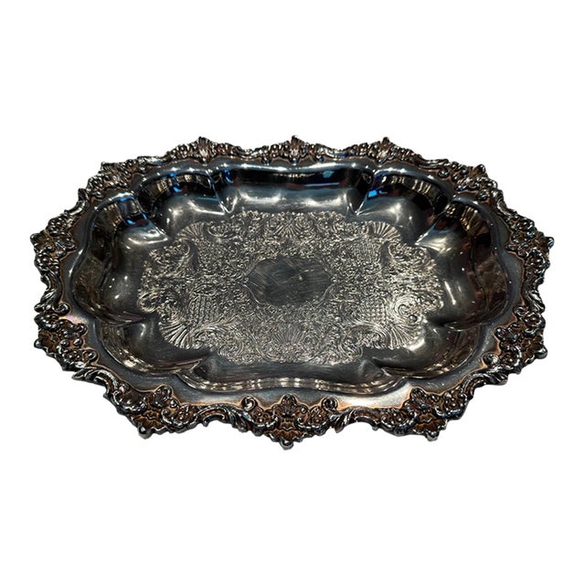 Vintage Crown Silver Co. Ornate Repoussé Silver Plate Rectangular Serving Platter For Sale