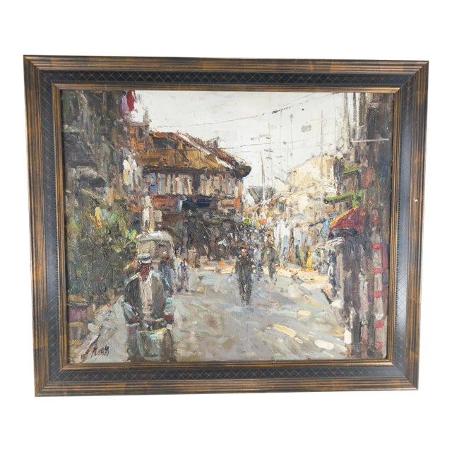 Late 20th Century Asian Impressionist Street Scene Painting For Sale