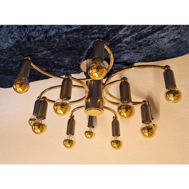 Gold Flat Vintage Ceiling Chandelier with Bicolor Metal Frame from Tz-Leuchten, 1980s For Sale - Image 8 of 10