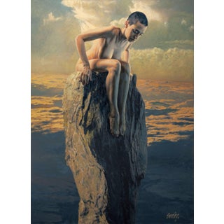 Pedestal by Dave Seeley | Oil on Canvas on Panel Figure seated on a rocky pedestal above clouds. For Sale