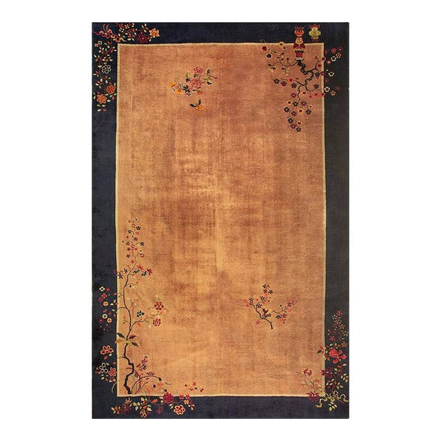 1920s Large Size Wool Camel Chinese Floral Antique Knotted Art Deco Carpet Rug For Sale